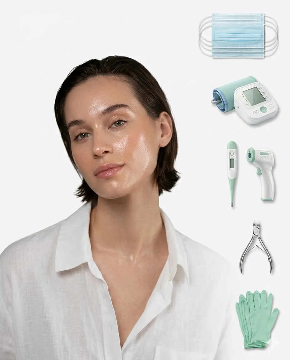 Accessoires PurePara Tunisie avec thermomètre, tensiomètre, gants et outils médicaux